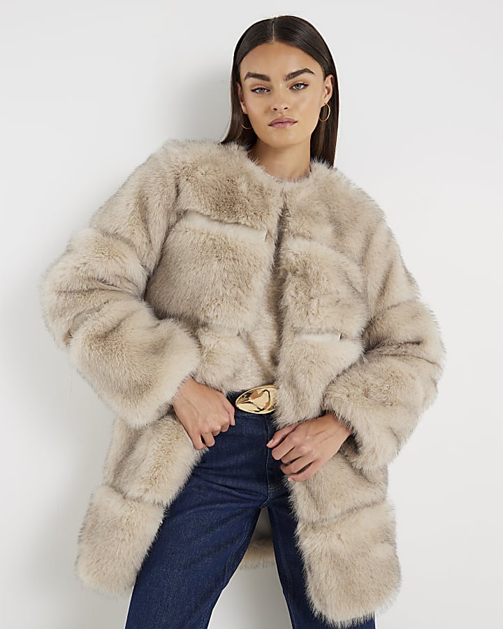 Cream Panelled Faux Fur Coat