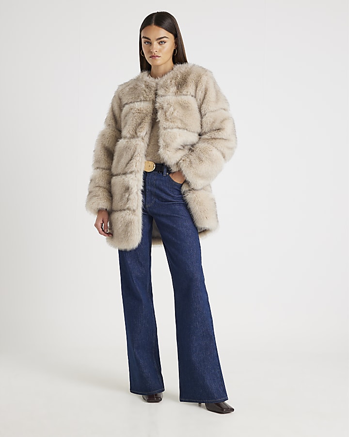 Cream Panelled Faux Fur Coat