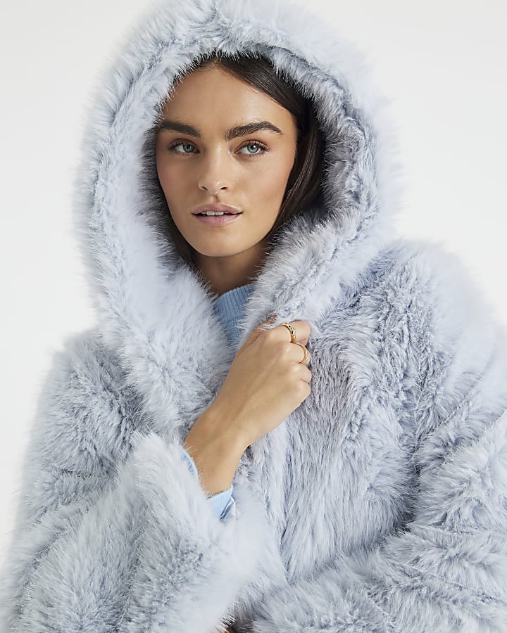 Blue Faux Fur Hooded Long Sleeve Coat