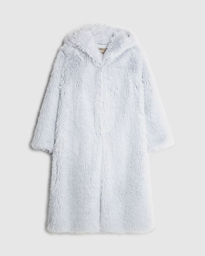 Blue Faux Fur Hooded Long Sleeve Coat