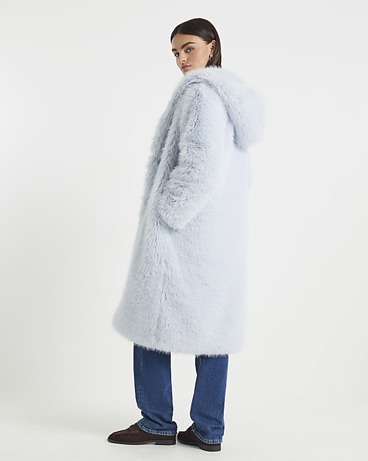 Blue Faux Fur Hooded Long Sleeve Coat