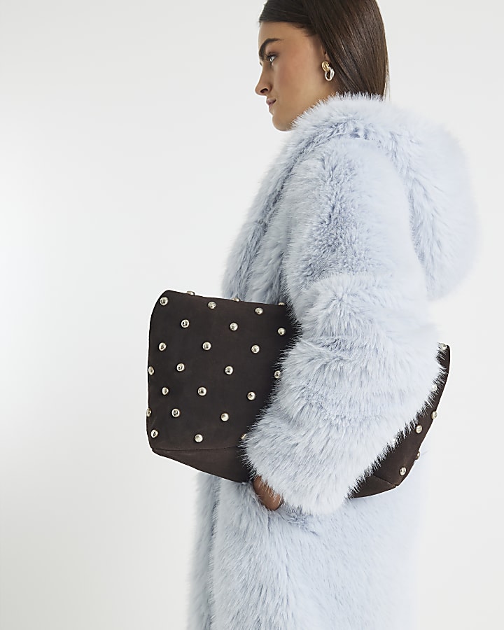 Blue Faux Fur Hooded Long Sleeve Coat