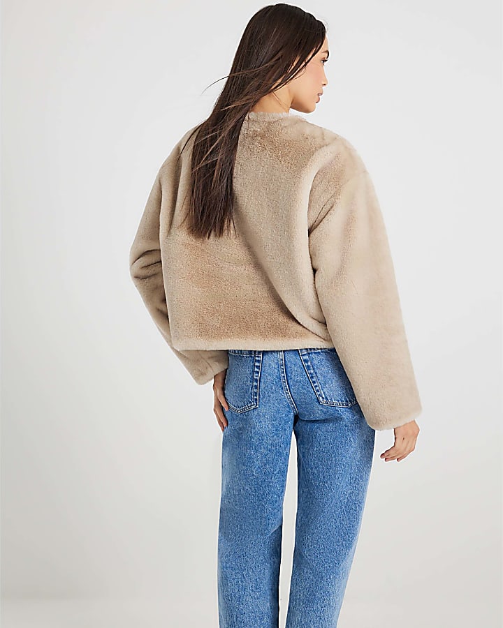 Cream Scarf Detail Faux Fur Coat