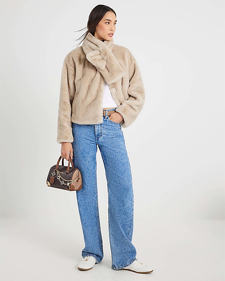 Cream Scarf Detail Faux Fur Coat