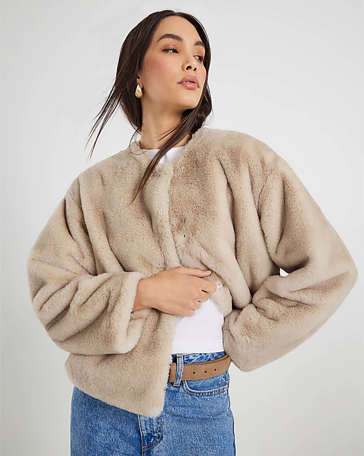 Cream Scarf Detail Faux Fur Coat