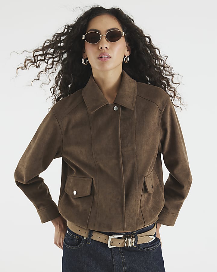 Brown Faux Suede Collared Jacket