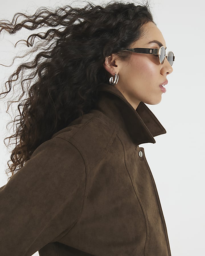 Brown Faux Suede Collared Jacket