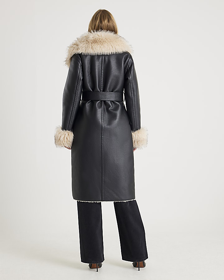 Black Faux Shearling Lined Trench Coat
