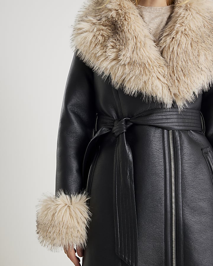 Black Faux Shearling Lined Trench Coat
