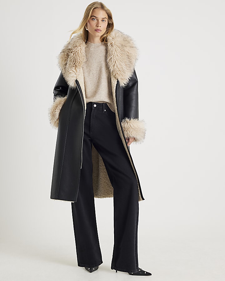 Black Faux Shearling Lined Trench Coat