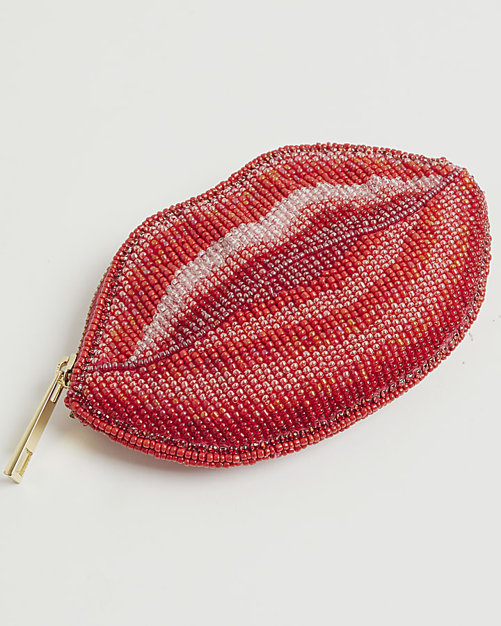 Red Beaded Lips Pouch