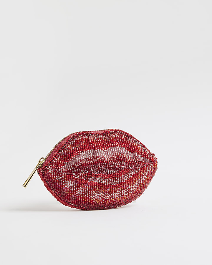 Red Beaded Lips Pouch