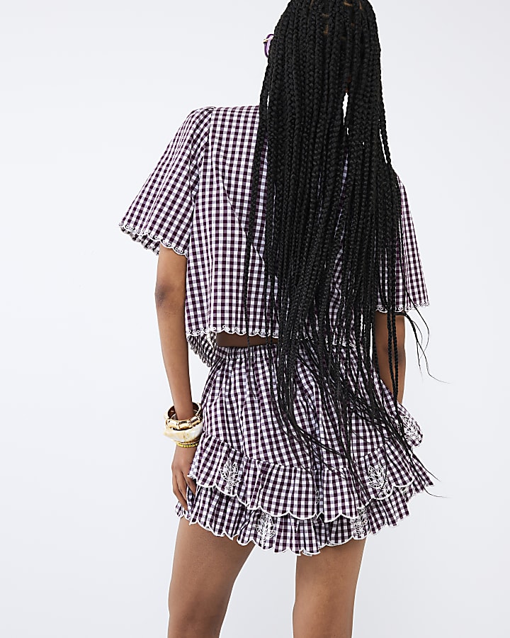 Red Gingham Embroidered Cutwork Skort