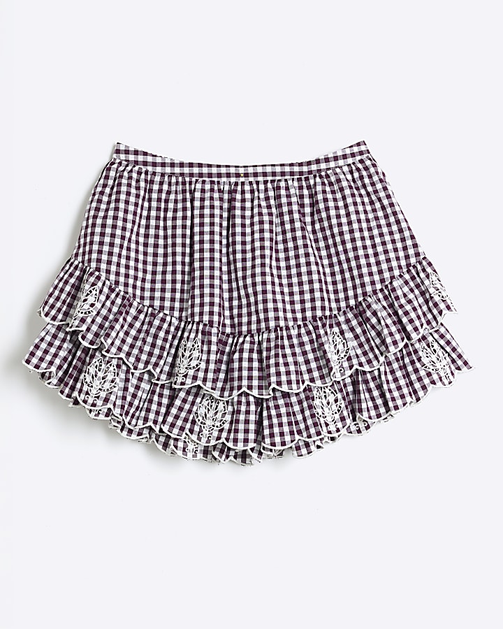 Red Gingham Embroidered Cutwork Skort