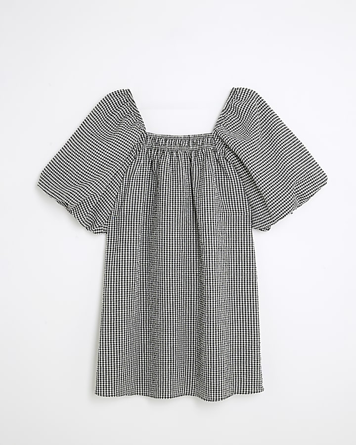 Black Gingham Puff Sleeve Mini Dress