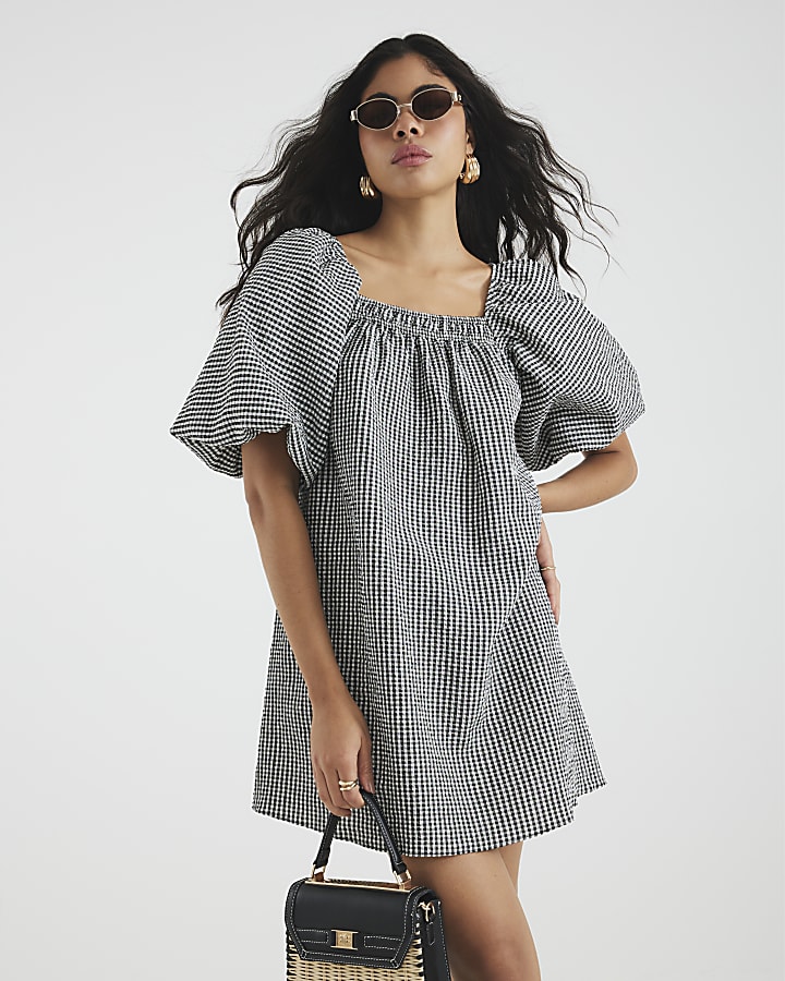 Black Gingham Puff Sleeve Mini Dress