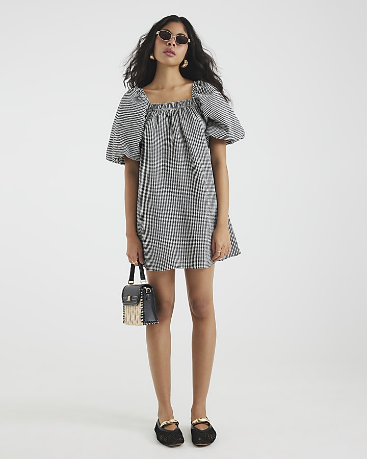 Black Gingham Puff Sleeve Mini Dress