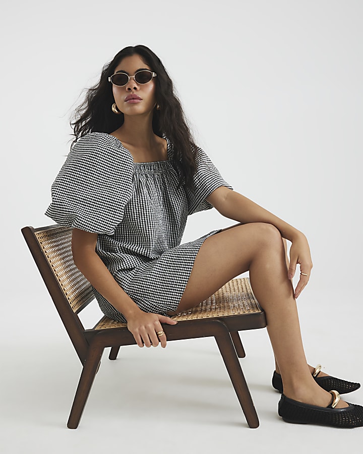 Black Gingham Puff Sleeve Mini Dress