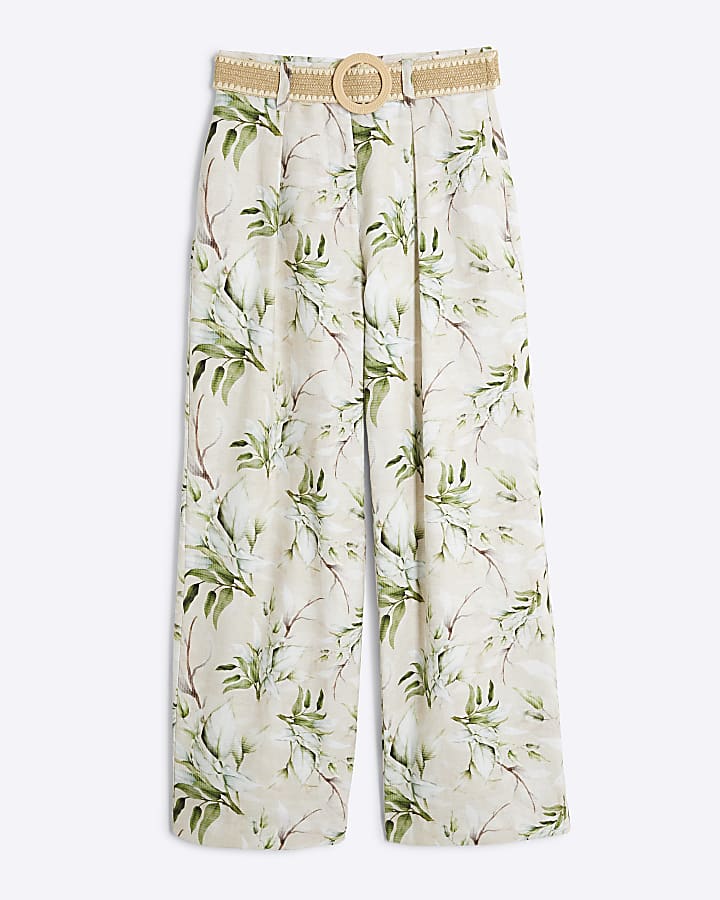 Cream Floral Belted Wide Leg Trousers