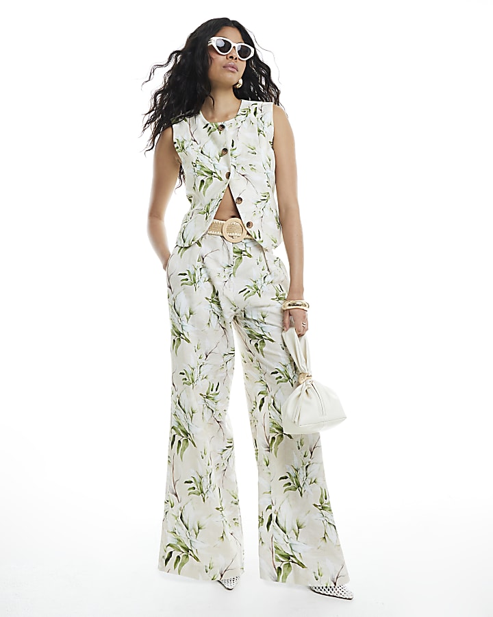 Cream Floral Belted Wide Leg Trousers