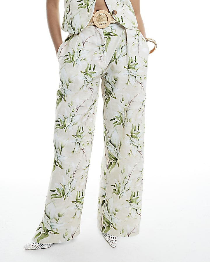 Cream Floral Belted Wide Leg Trousers