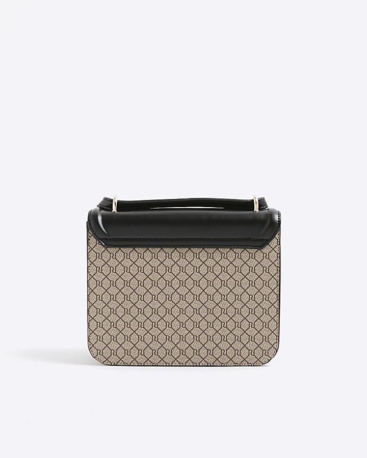 Black Monogram Print Lock Front Satchel Bag