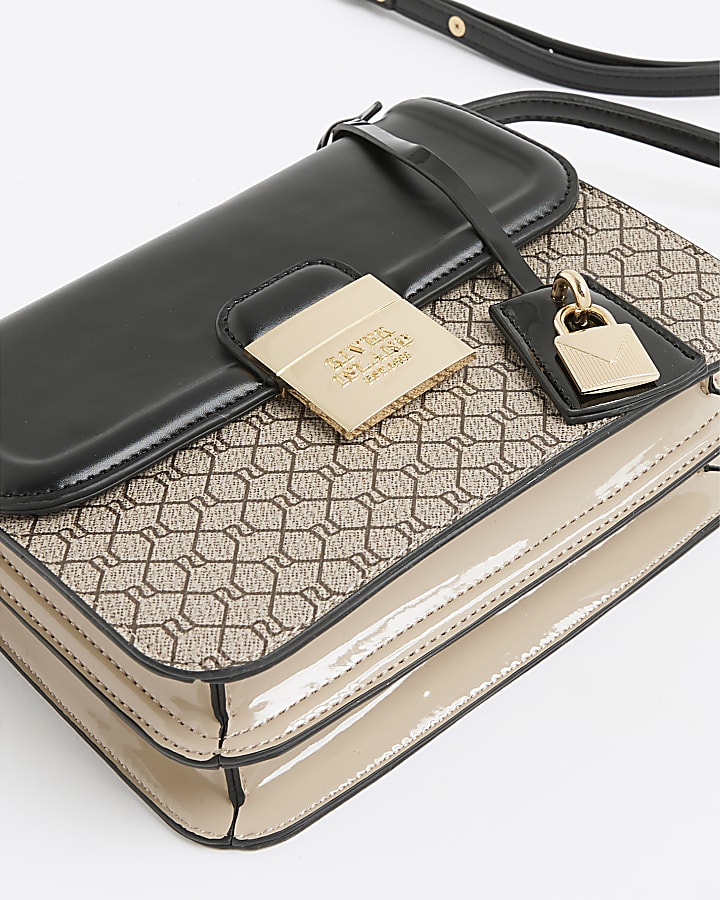 Black Monogram Print Lock Front Satchel Bag