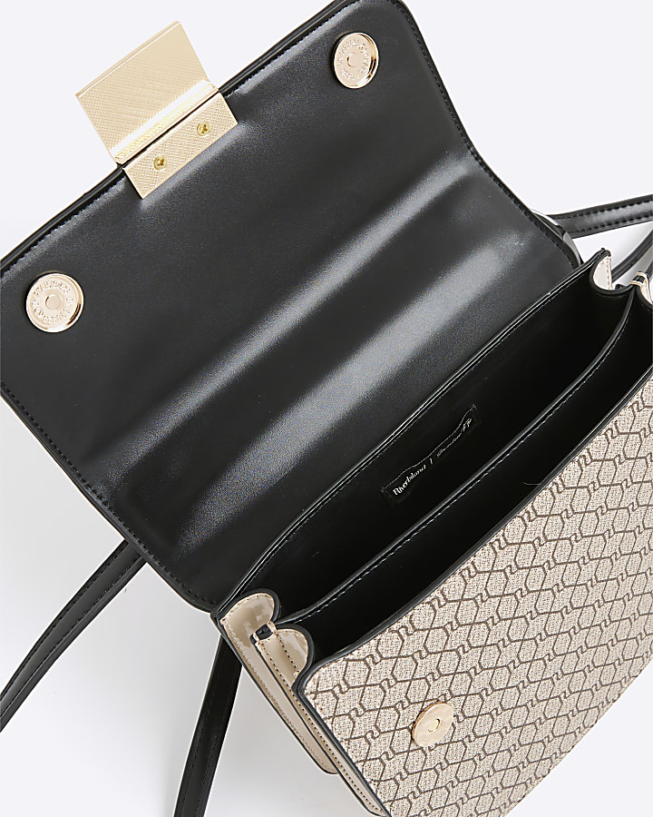 Black Monogram Print Lock Front Satchel Bag