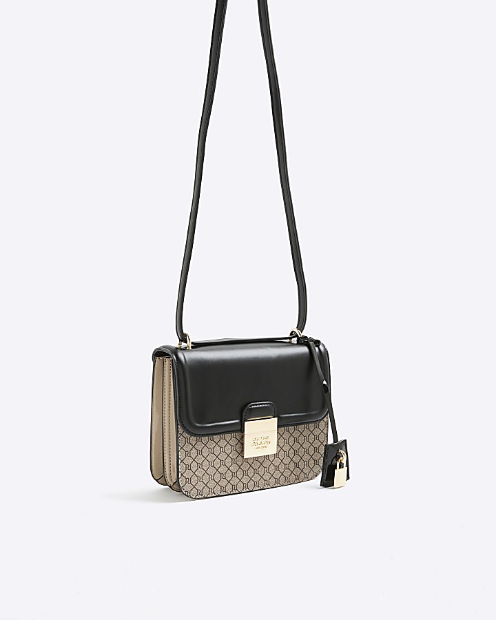 Black Monogram Print Lock Front Satchel Bag
