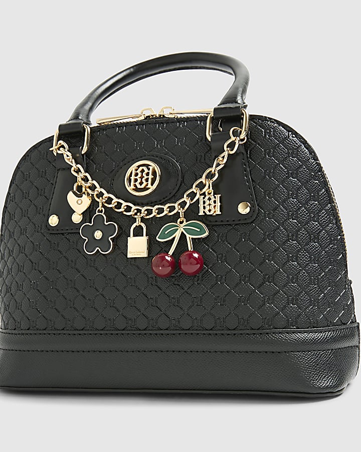 Black Embossed Monogram Print Charm Tote Bag
