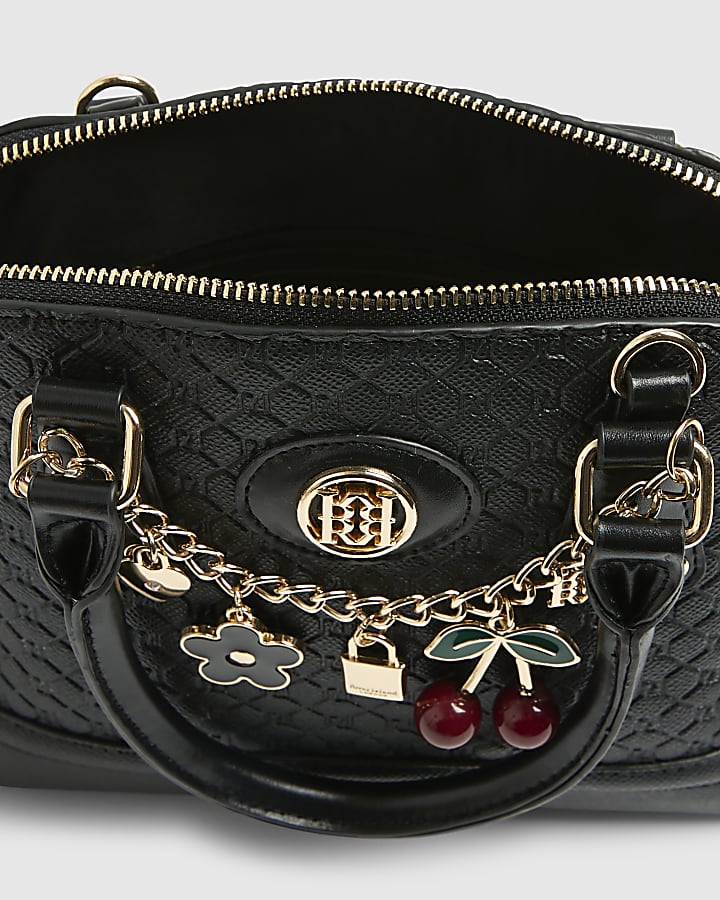 Black Embossed Monogram Print Charm Tote Bag