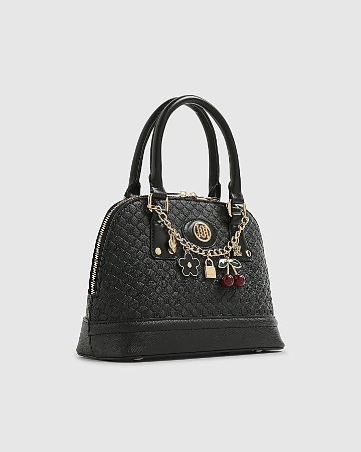 Black Embossed Monogram Print Charm Tote Bag