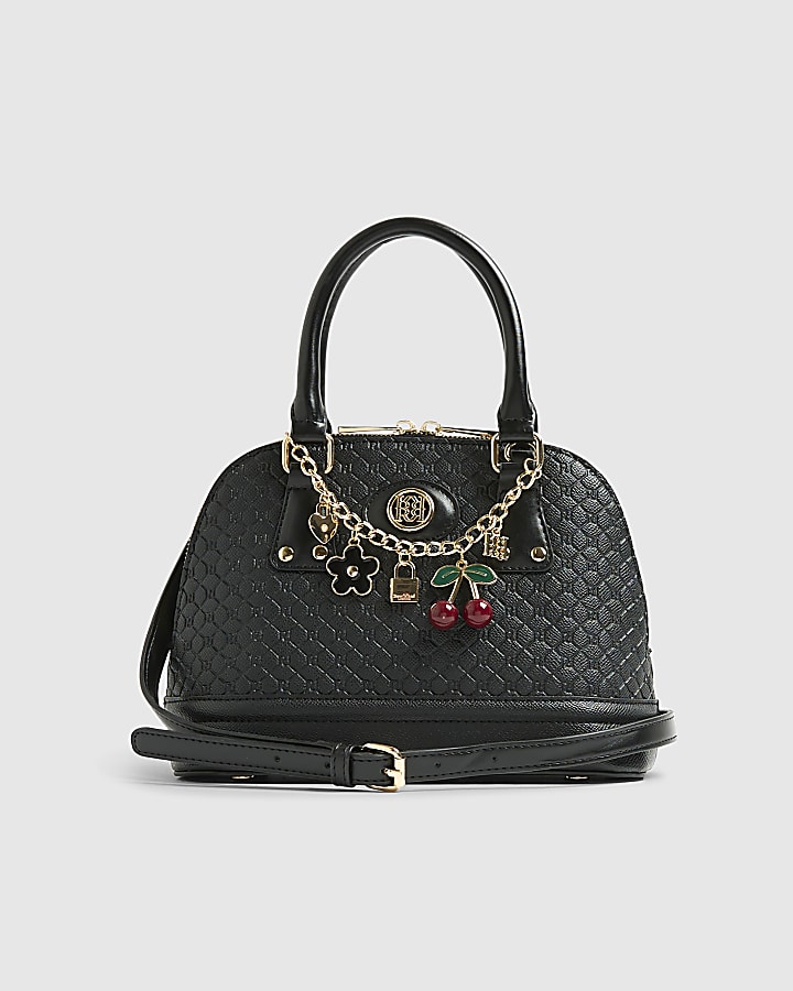 Black Embossed Monogram Print Charm Tote Bag