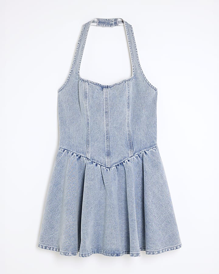 Blue Denim Halter Neck Bow Mini Dress