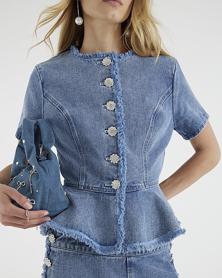 Blue Denim Short Sleeve Peplum Jacket