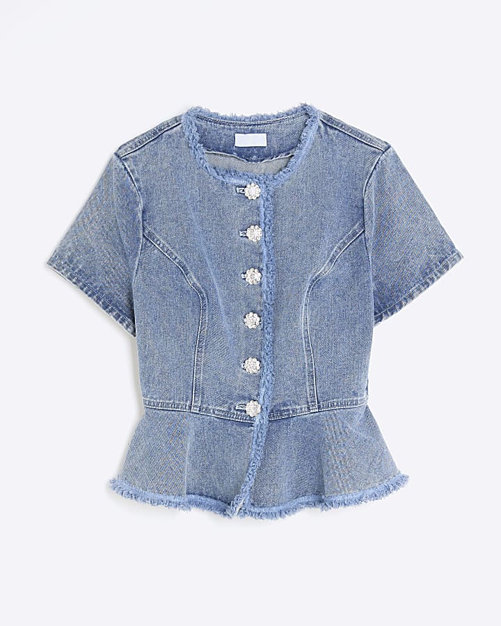 Blue Denim Short Sleeve Peplum Jacket