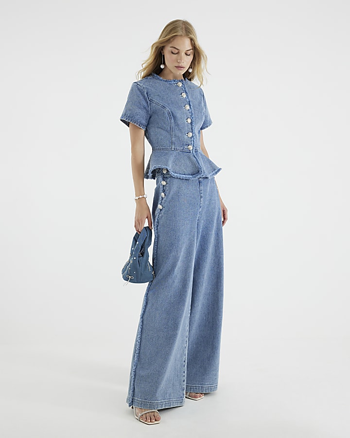Blue Denim Short Sleeve Peplum Jacket