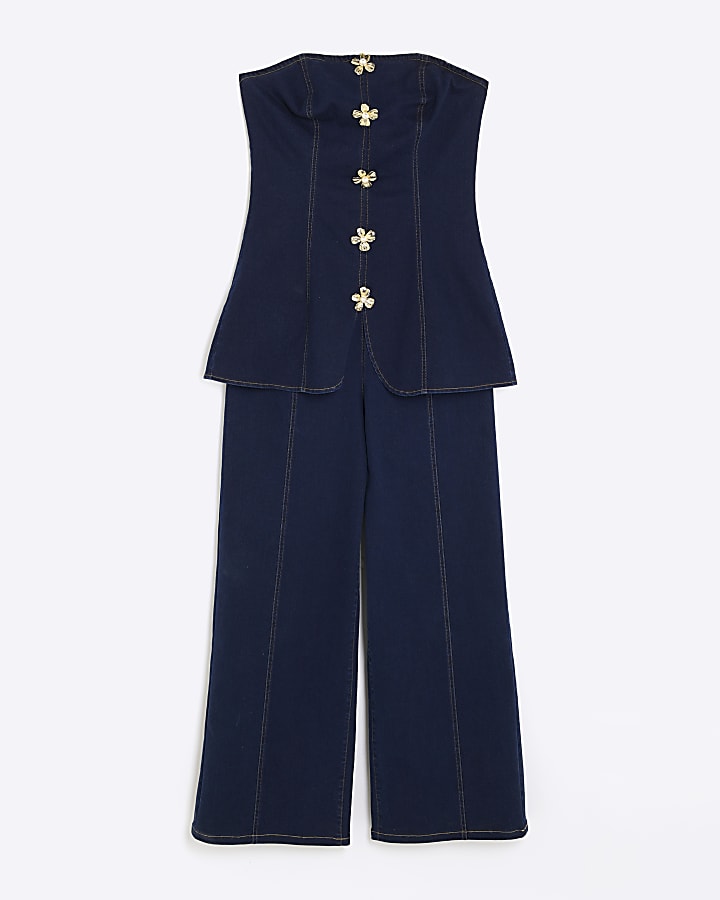 Indigo Denim Buttoned Bandeau Jumpsuit