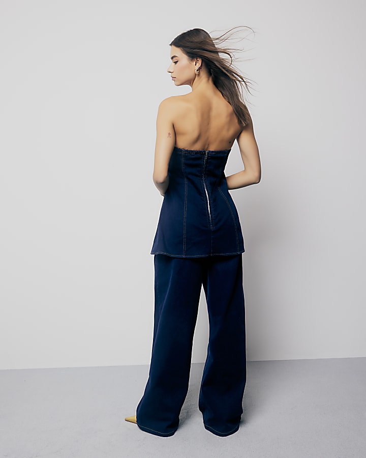 Indigo Denim Buttoned Bandeau Jumpsuit