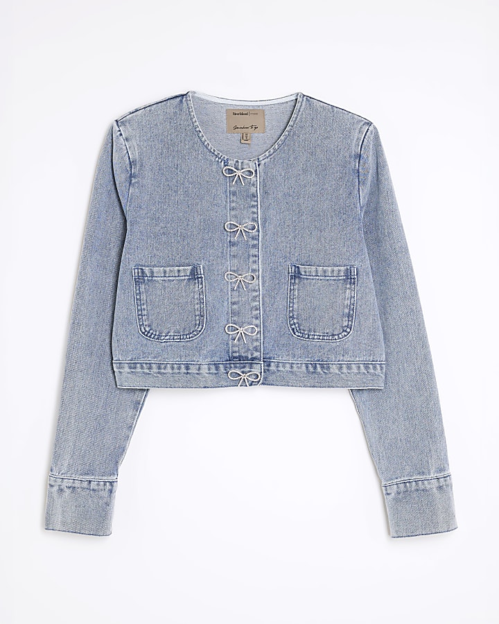 Blue Bow Button Denim Jacket