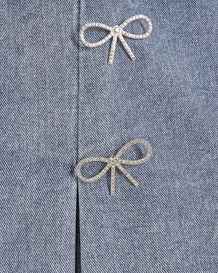 Blue Denim Diamante Bow Button Skort