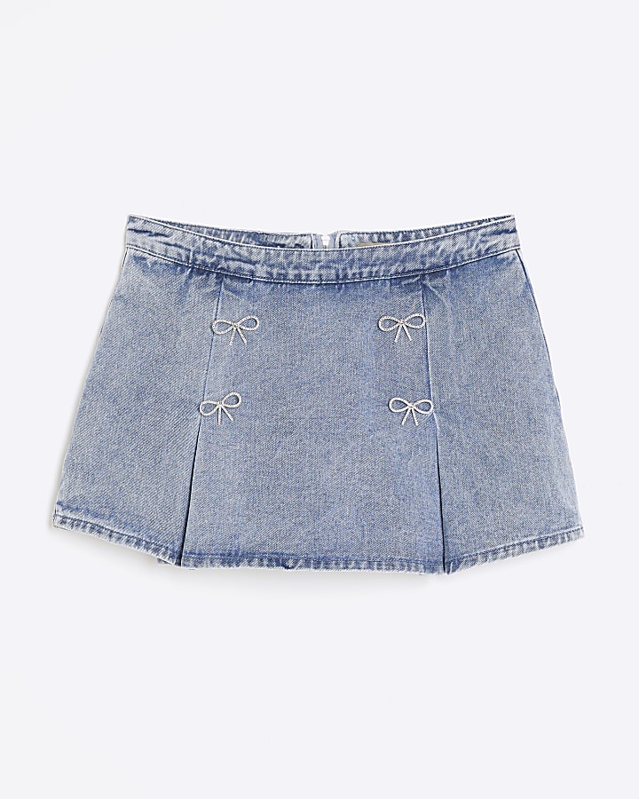 Blue Denim Diamante Bow Button Skort