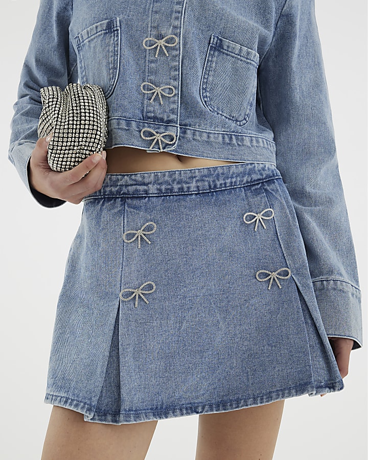 Blue Denim Diamante Bow Button Skort