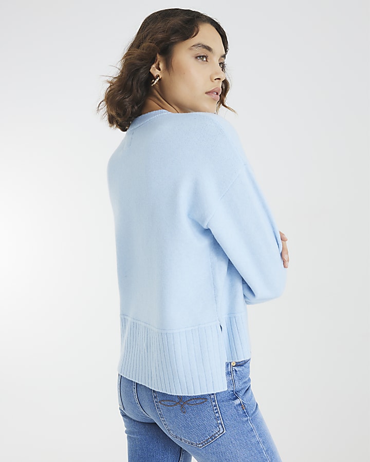 Blue Knitted Flower Graphic Crew Neck Jumper