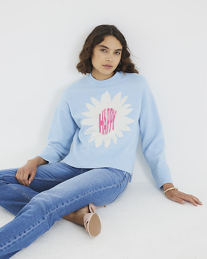 Blue Knitted Flower Graphic Crew Neck Jumper