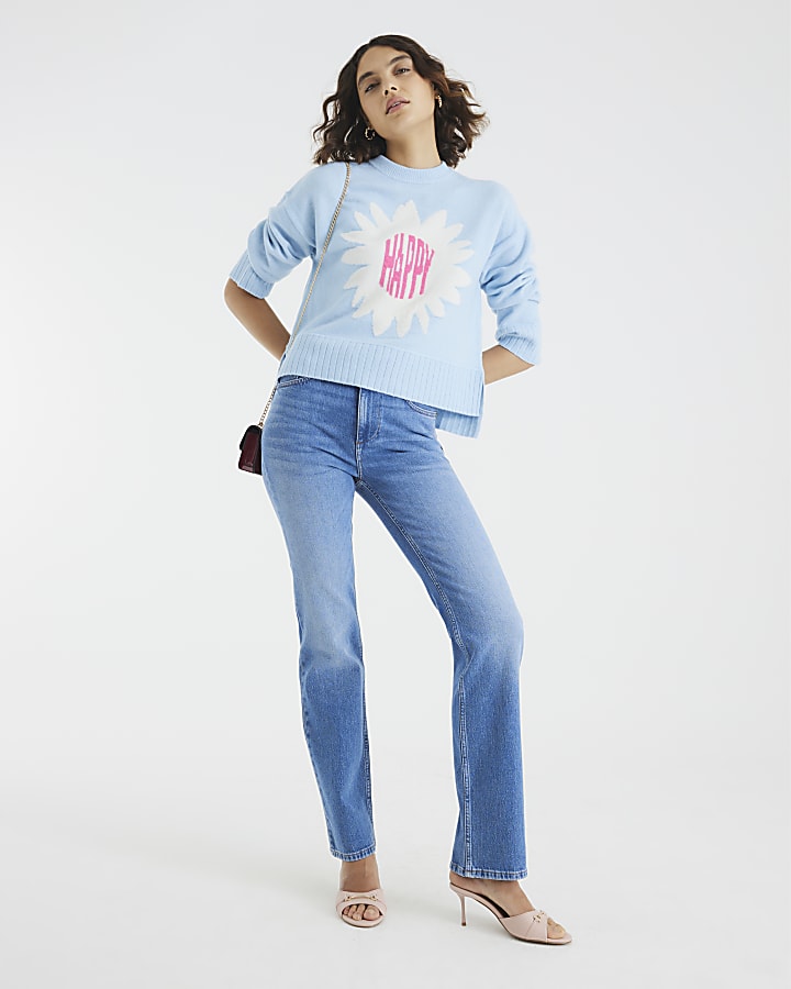 Blue Knitted Flower Graphic Crew Neck Jumper