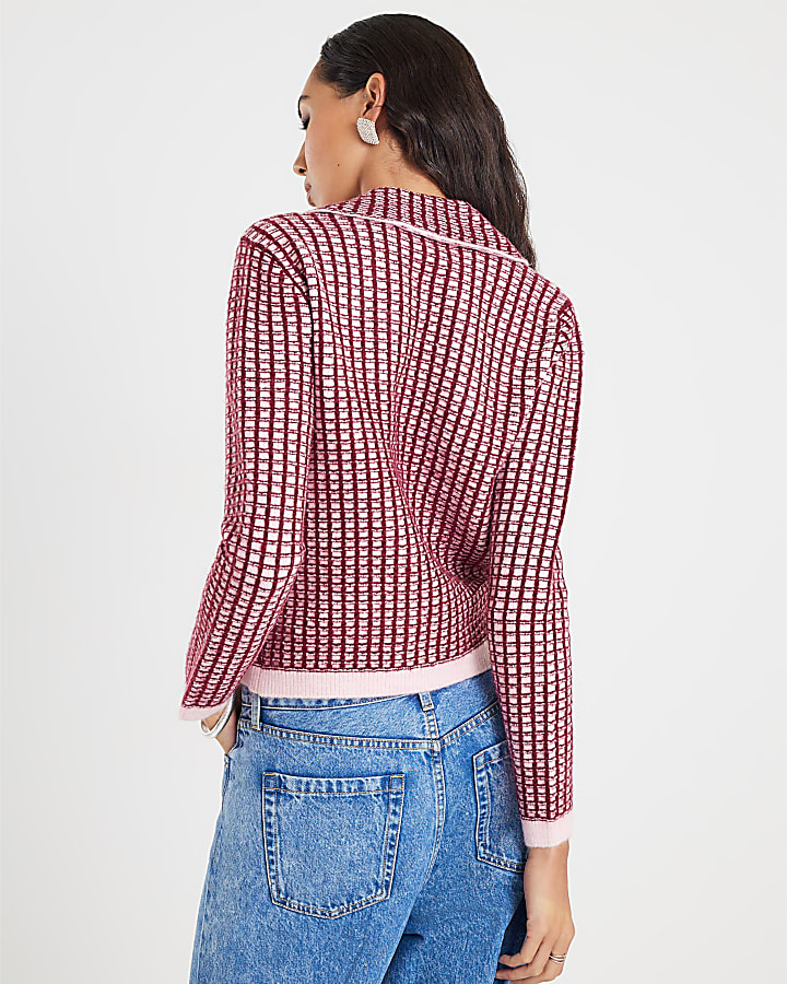 Pink Boucle Check Print Collared Cardigan