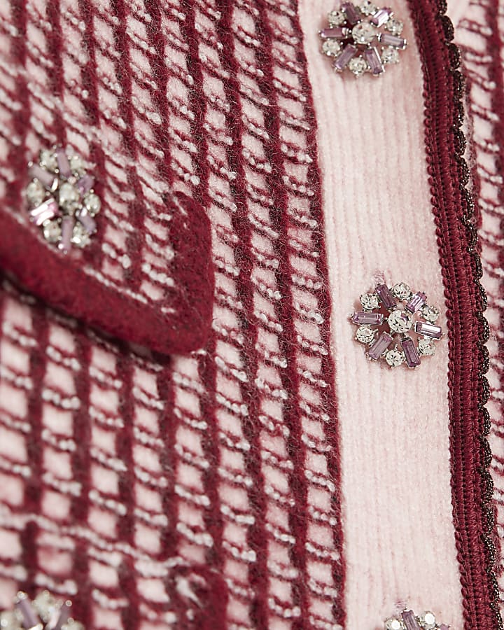 Pink Boucle Check Print Collared Cardigan
