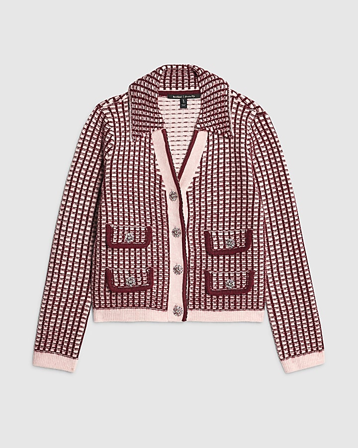 Pink Boucle Check Print Collared Cardigan