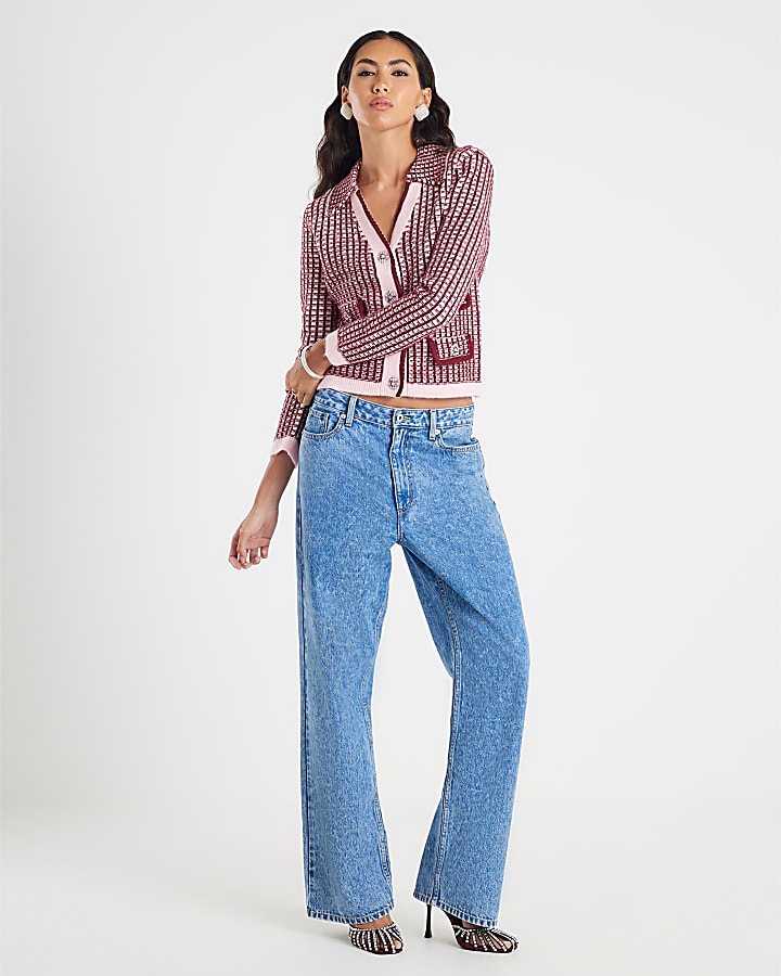 Pink Boucle Check Print Collared Cardigan